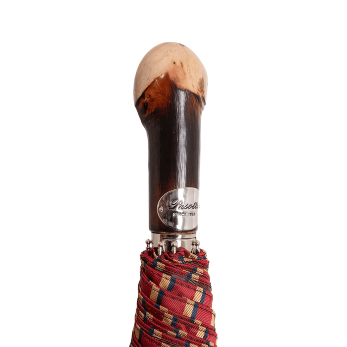 Red Striped Folding Umbrella with Chestnut Wood Handle