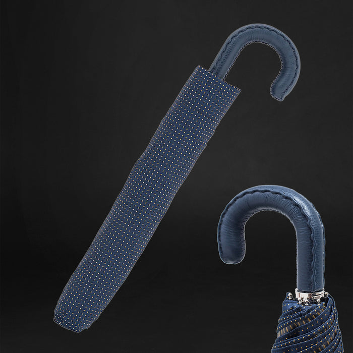 blue folding umbrella with leather handle - classic