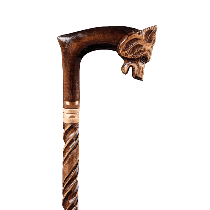 Wooden Carved Walking Cane - Wolf Head Walking Stick