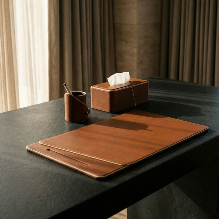 Cognac Leather Executive Office Desk Set with Beige Edge Detailing