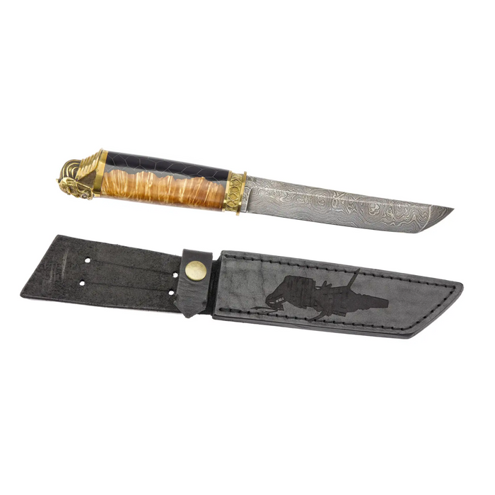 Samurai-style knife with leather scabbard and decorative insert