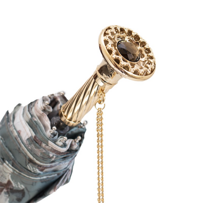 Grey Flowered Jewel Brass Luxury Collapsible Umbrella