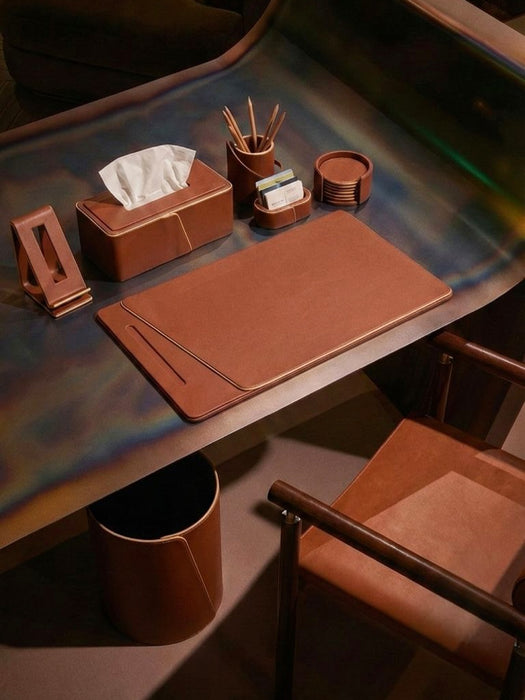 Cognac Leather Executive Office Desk Set with Beige Edge Detailing