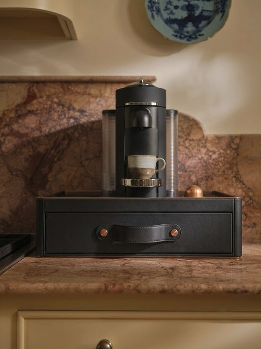 Noir Leather Tea & Coffee Amenity Box with Gold Edge Trim