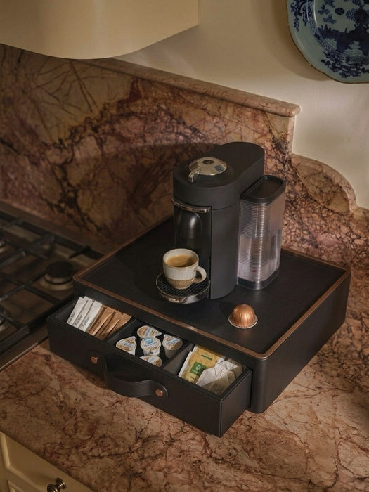 Noir Leather Tea & Coffee Amenity Box with Gold Edge Trim