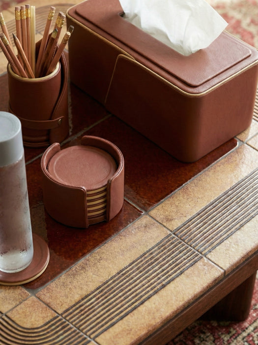 Cognac Leather Executive Office Desk Set with Beige Edge Detailing