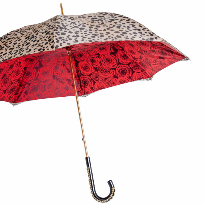 playful red rose and leopard print umbrella with fun handle