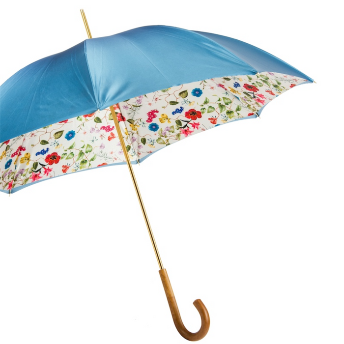 Blue Umbrella "Bouquet of Flowers" with Wooden Handle