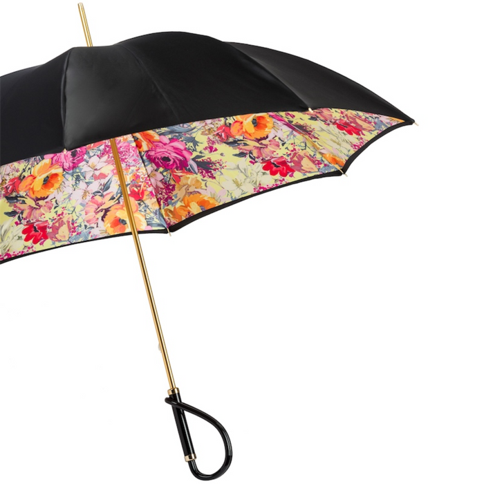 Black Handle Flowered Double Cloth Umbrella