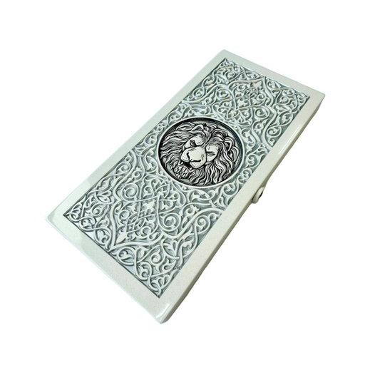 Luxury white acrylic stone backgammon set with carved lion motif
