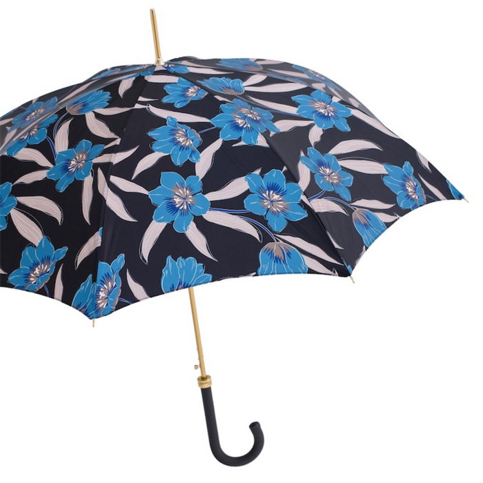 Stylish Blue Flowers Umbrella with Black Leather Handle