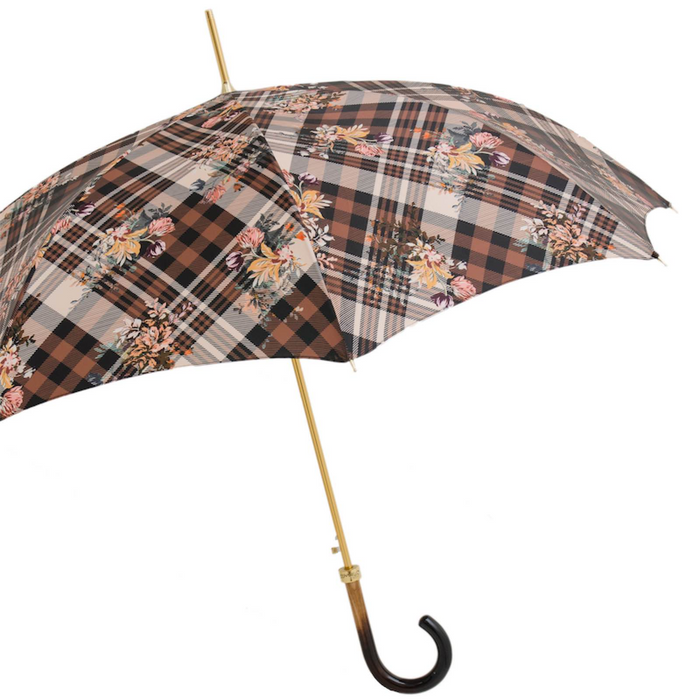 Brown Floral Tartan Umbrella with Wood Handle