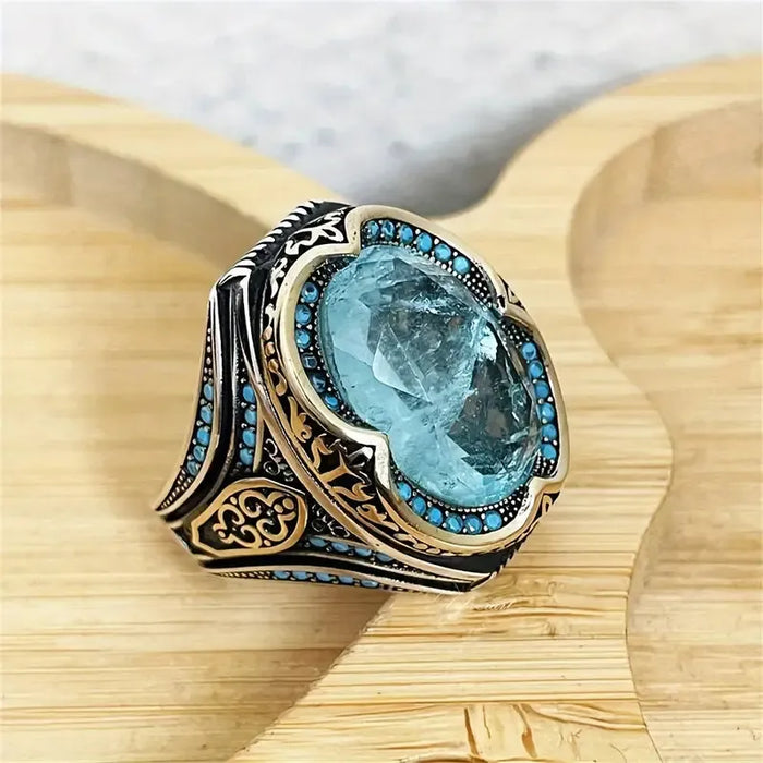 Handcrafted Vintage Turkish Ring with Blue Cubic Zirconia Stone