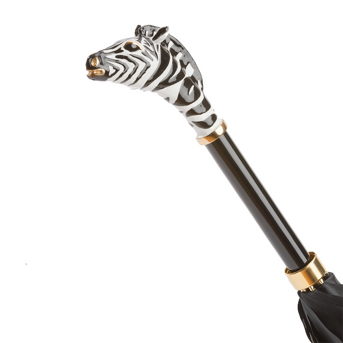 Unique Enameled Zebra Handle Double Black Cloth Umbrella