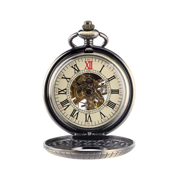 Vintage Red Wood Bronze Pocket Watch with Chain