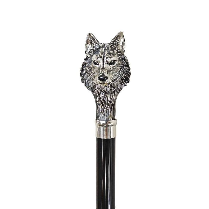 Elegant silver walking staff with wolf handle