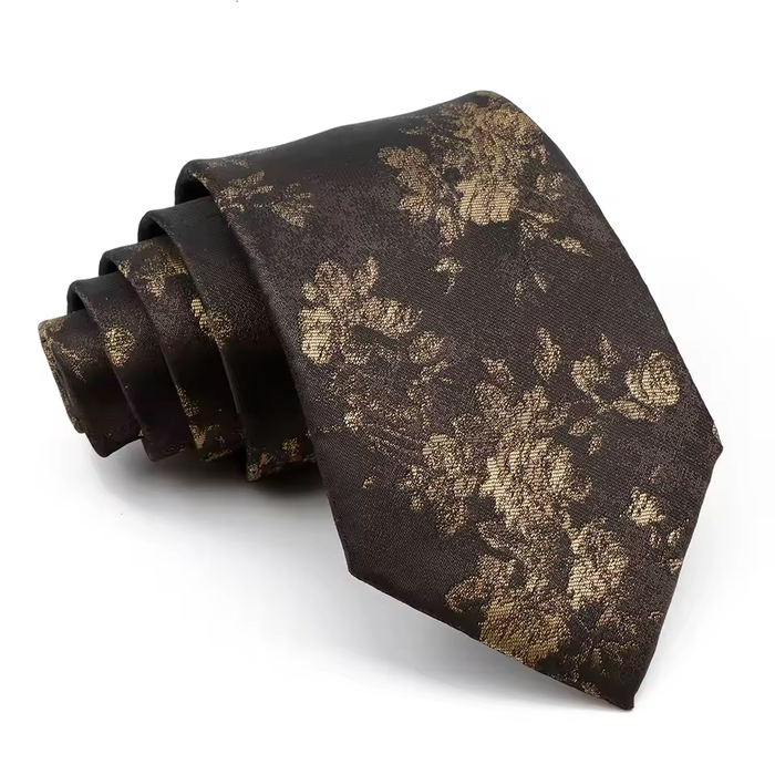 Black Silk Tie with Rose Gold Floral Design for Classy Men