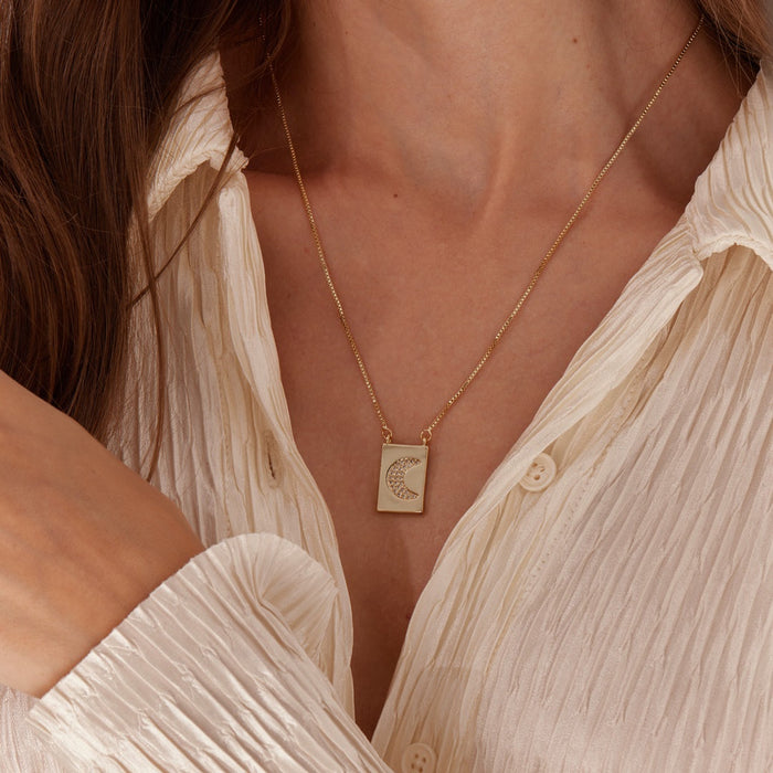 Jeweled Moon Gold Square Pendant Necklace