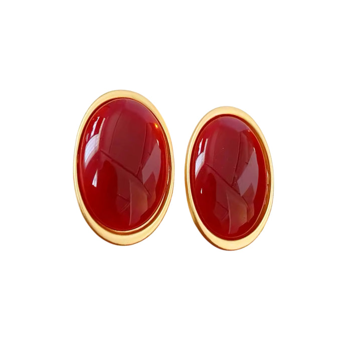 Vintage Simulated Pigeon Blood Ruby Oval Stud Earrings