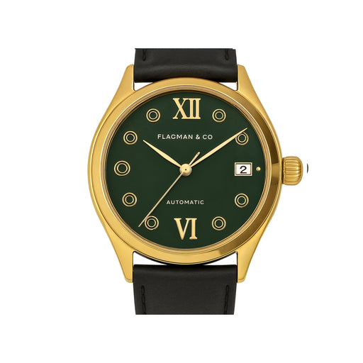 Luxury Women’s Automatic Watch – Green Enamel Dial with Gold, Crystal