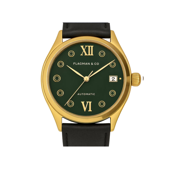 Luxury Women’s Automatic Watch – Green Enamel Dial with Gold, Crystal