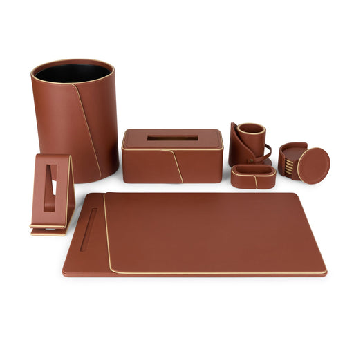 Cognac Leather Executive Office Desk Set with Beige Edge Detailing