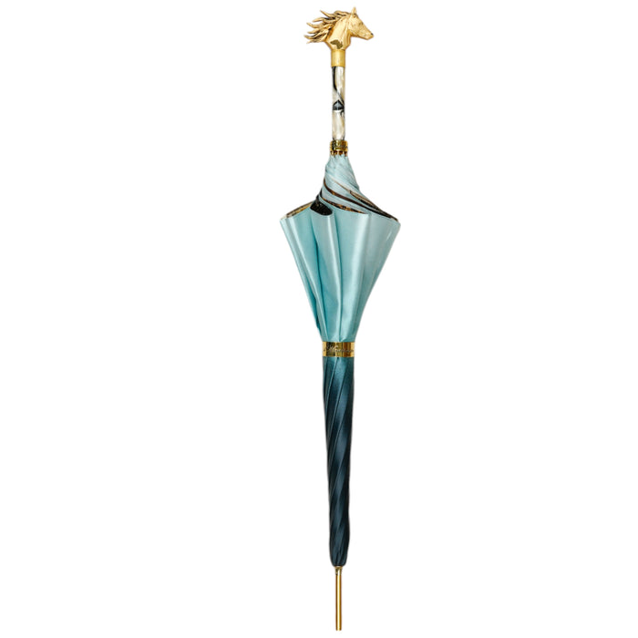 Light Blue Satin Umbrella with 24K Gold-Plated Horse Head Handle