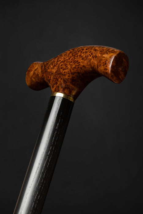 Elegant Derby Walking Stick with Burl Wood Handle and Brass Collar