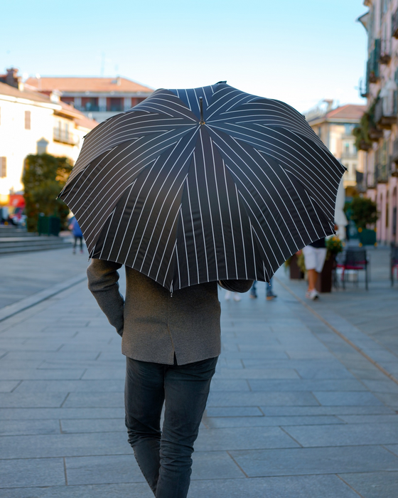 Elegant black umbrella with pinstripes and jaguar handle