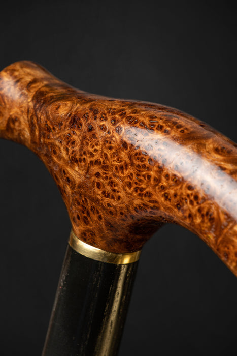 Elegant Derby Walking Stick with Burl Wood Handle and Brass Collar