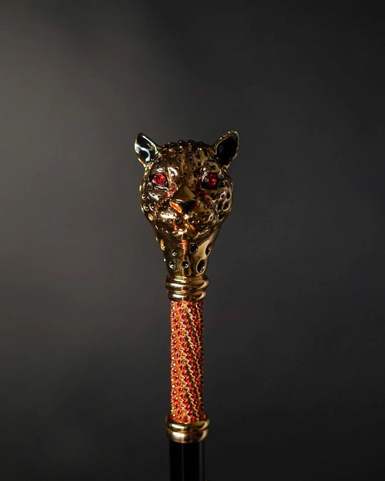 Jewel-Adorned Panther Handle Red Jacquard Umbrella