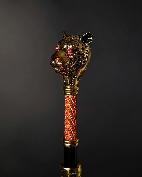 Jewel-Adorned Panther Handle Red Jacquard Umbrella