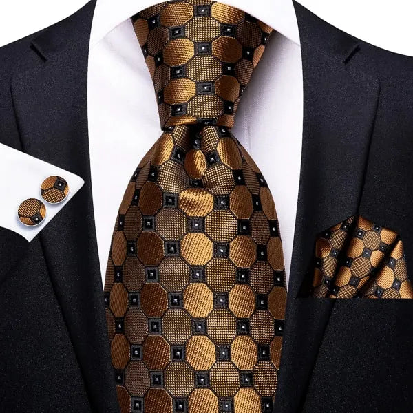 Elegant Octagon Silk Tie for Men in Gold and Black