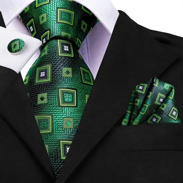 Green Silk Tie for Men - Classy Square Mixer Design