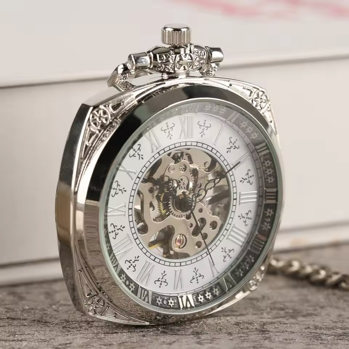 Silver Square Pocket Watch Roman Numerals - Hand Winding Mechanical