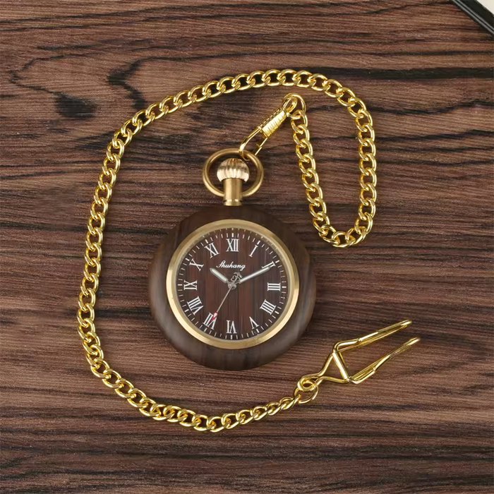 Wooden Roman Numeral Pocket Watch - Gold Quartz Pendant Clock
