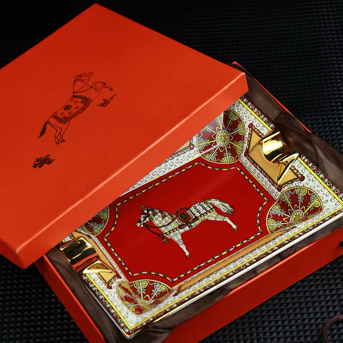 Regal Horse Ceramic Cigar Ashtray – Luxury 2-Slot Design