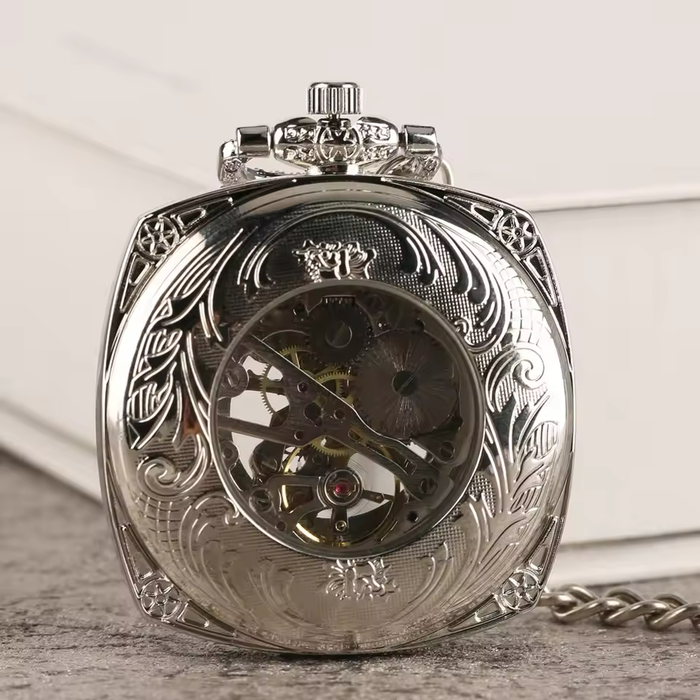 Silver Square Pocket Watch Roman Numerals - Hand Winding Mechanical