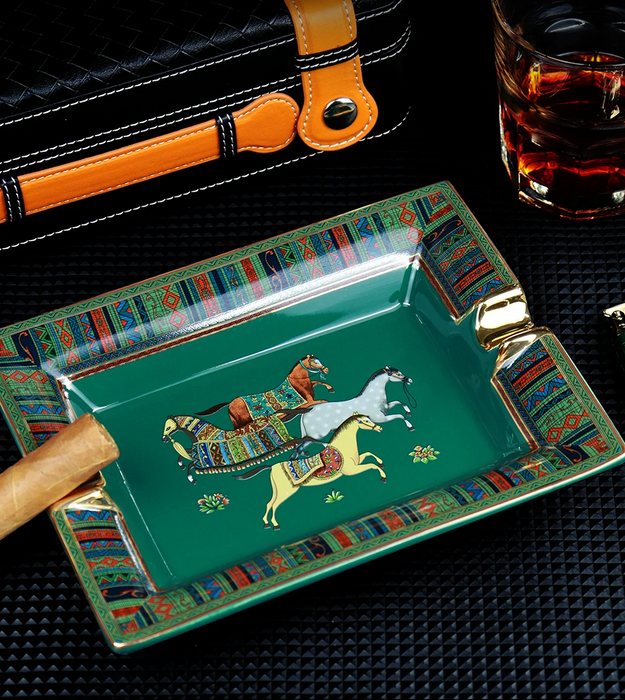 Imperial Green Ceramic Cigar Ashtray – Ornate 2-Slot Design