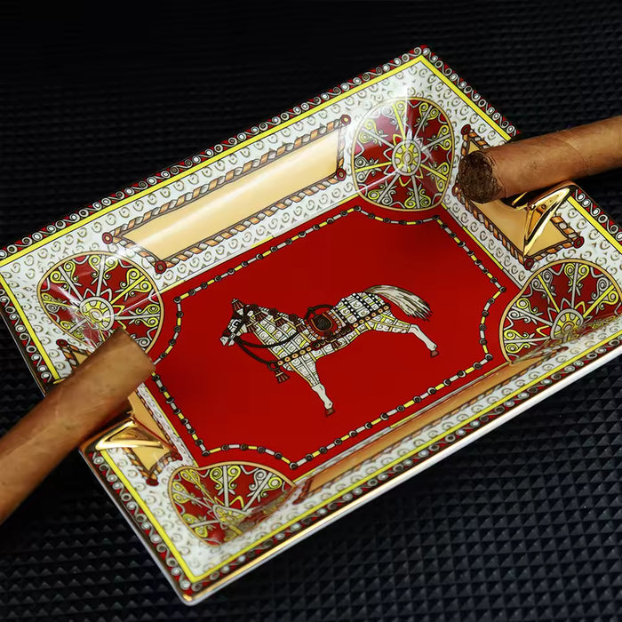 Regal Horse Ceramic Cigar Ashtray – Luxury 2-Slot Design