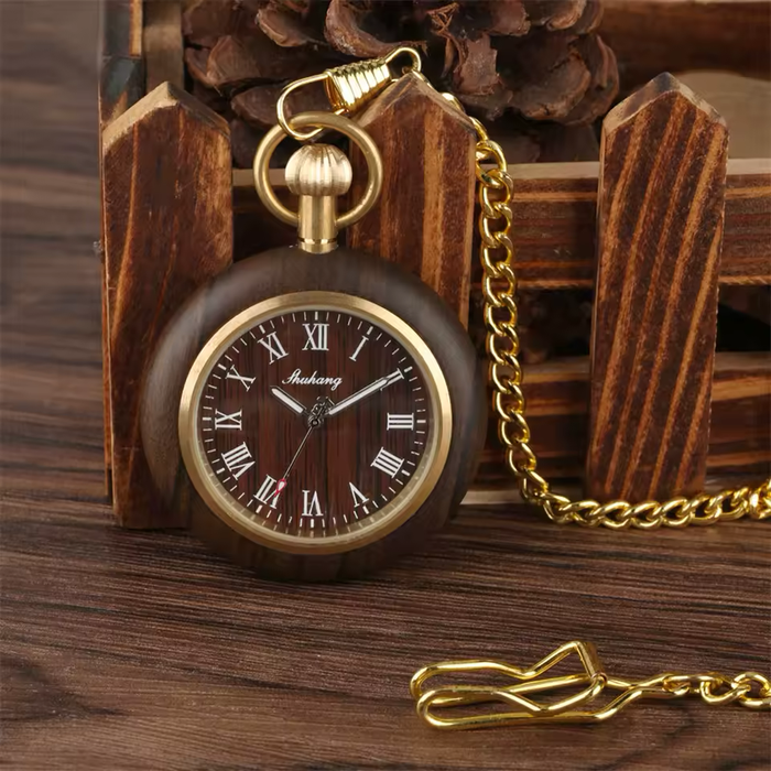 Wooden Roman Numeral Pocket Watch - Gold Quartz Pendant Clock