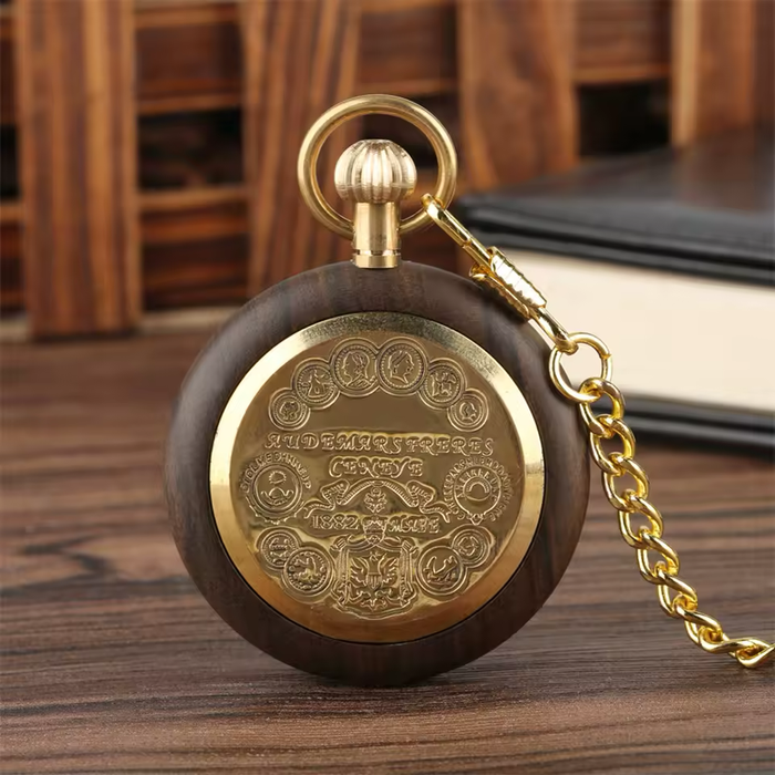 Wooden Roman Numeral Pocket Watch - Gold Quartz Pendant Clock