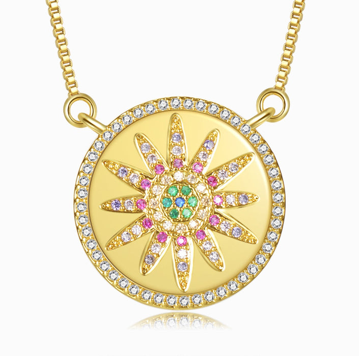Round Jeweled Pink and Green Sunflower Gold Necklace