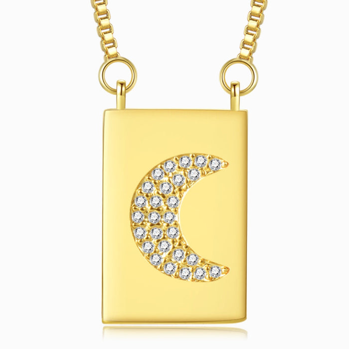 Jeweled Moon Gold Square Pendant Necklace