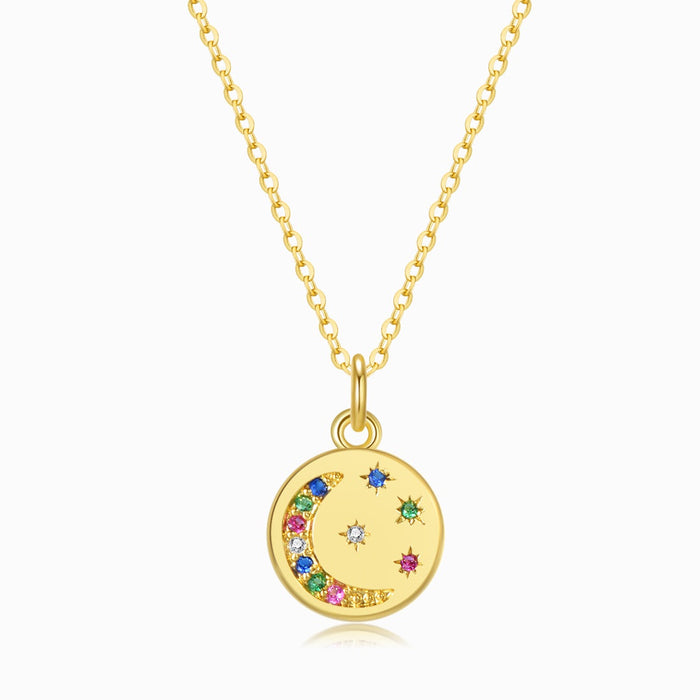 Multicolored Moon and Stars Gold Coin Necklace