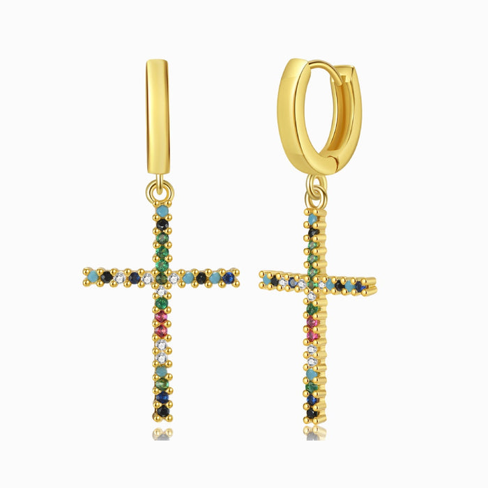 Multicolored Cross Gold Earrings