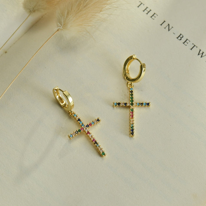 Multicolored Cross Gold Earrings