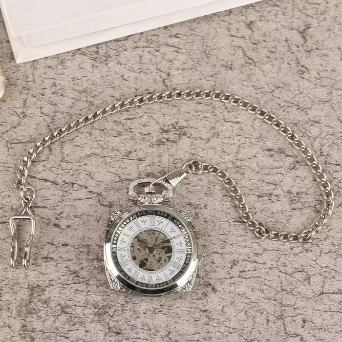 Silver Square Pocket Watch Roman Numerals - Hand Winding Mechanical
