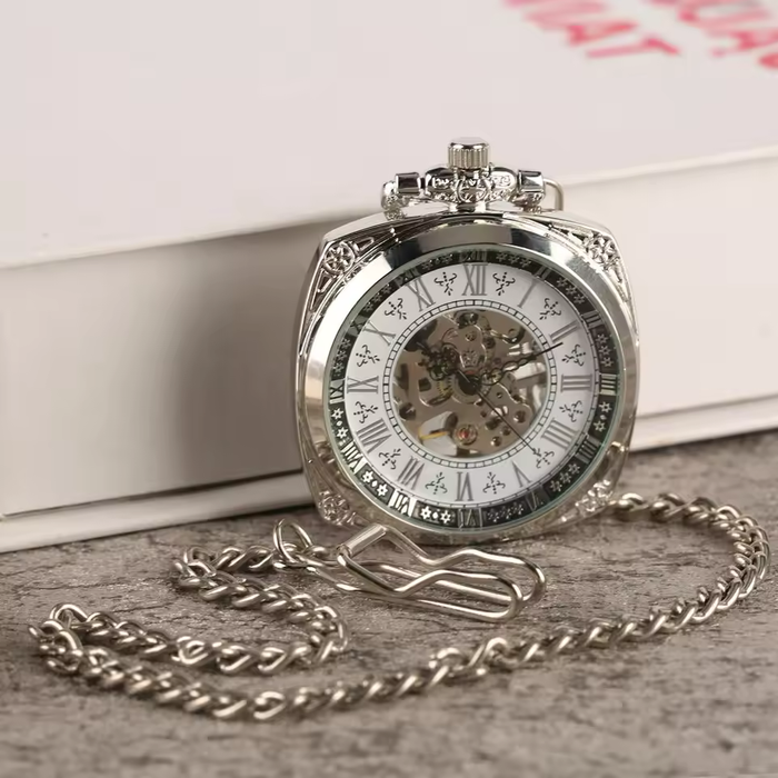 Silver Square Pocket Watch Roman Numerals - Hand Winding Mechanical