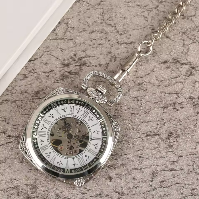 Silver Square Pocket Watch Roman Numerals - Hand Winding Mechanical